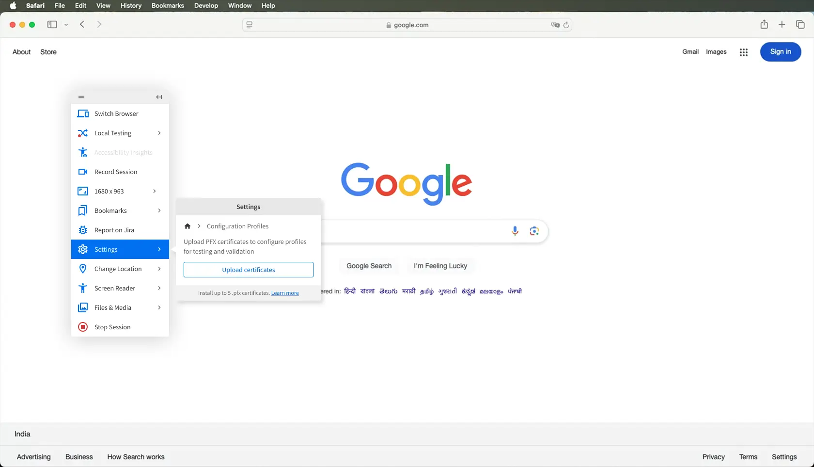 The Configuration profiles prompt in a BrowserStack Live test session.