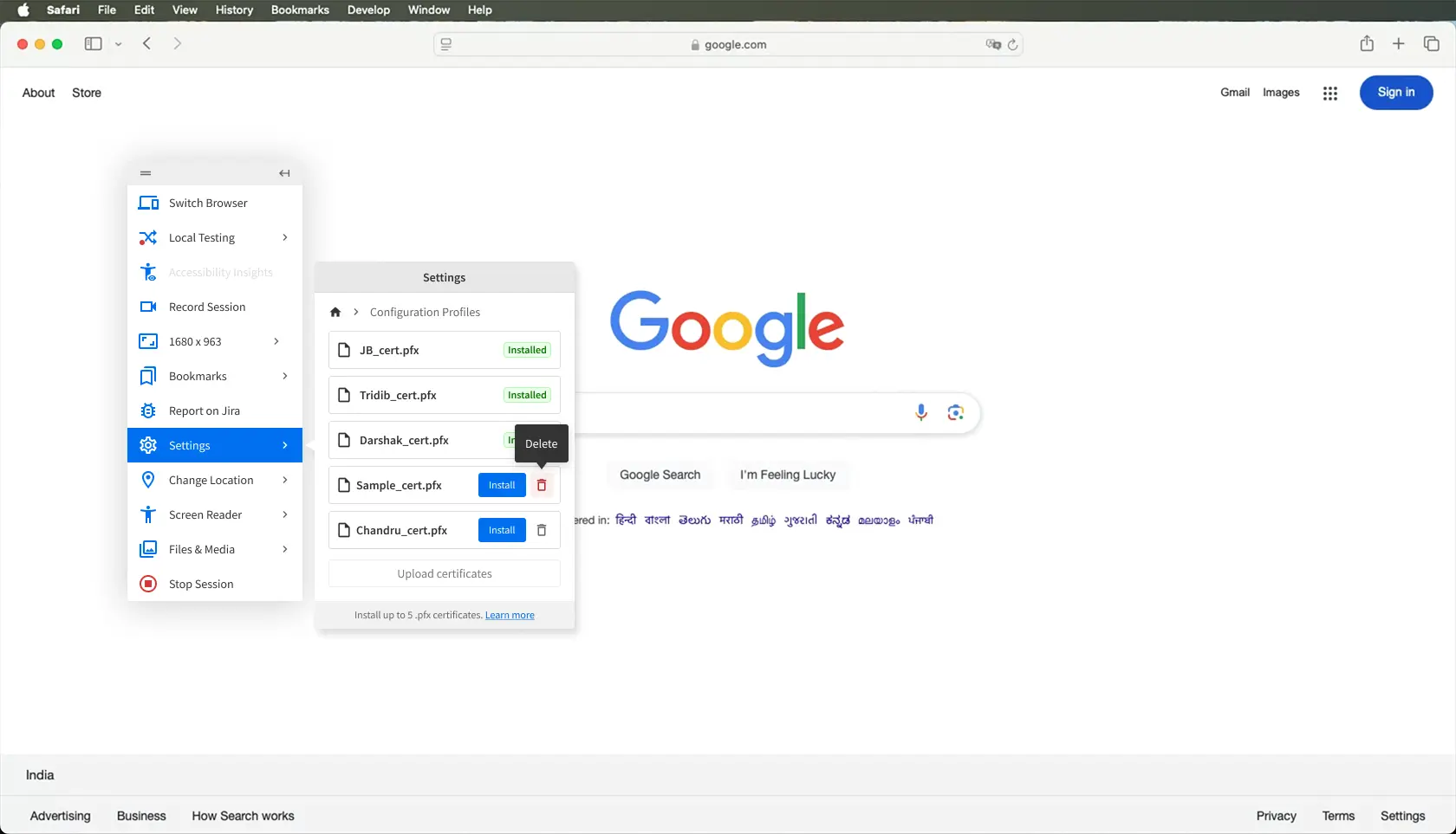 The Configuration profiles prompt with the uploaded certificate listed.