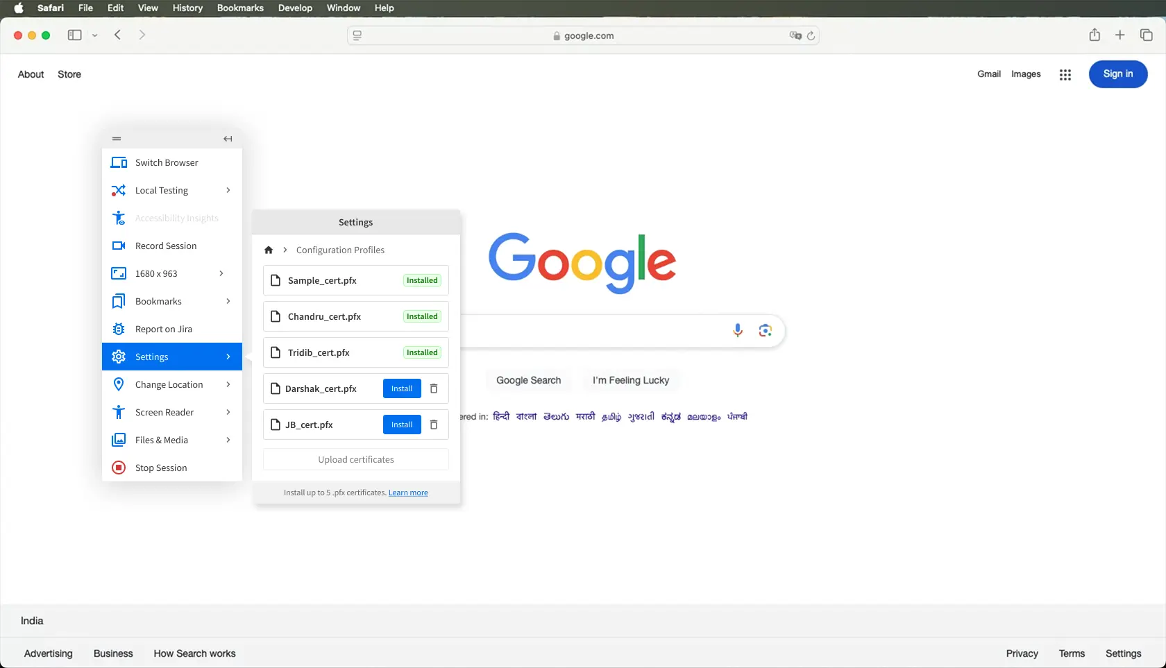 The Configuration profiles prompt with a list of installed certificates.