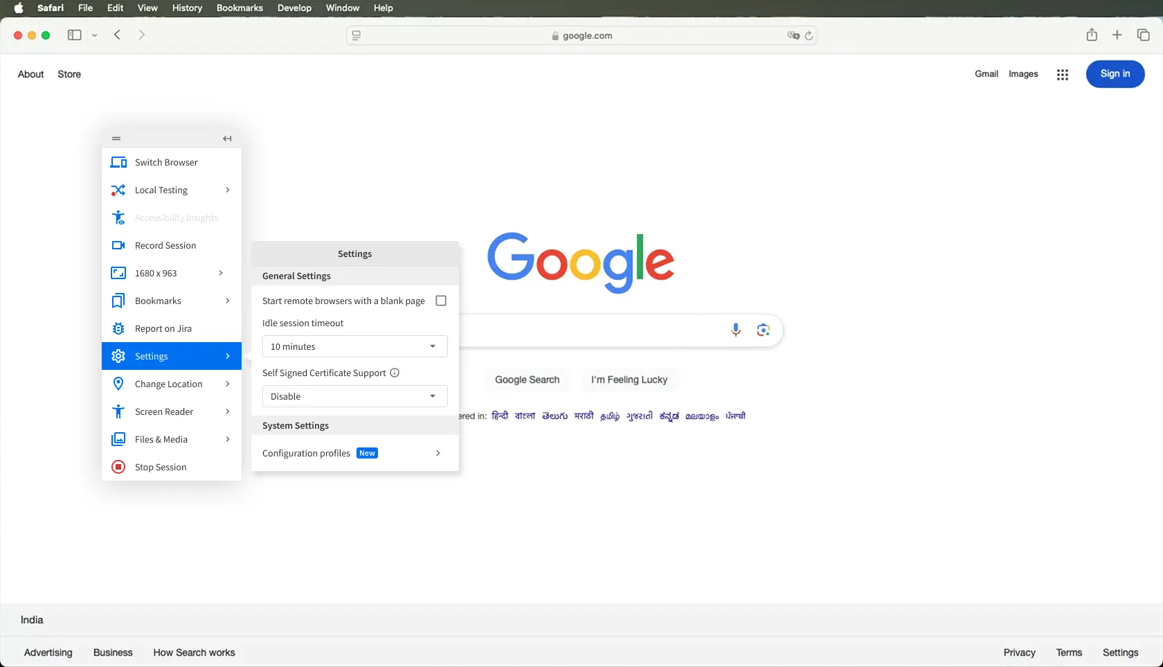 The settings prompt in a BrowserStack Live test session.