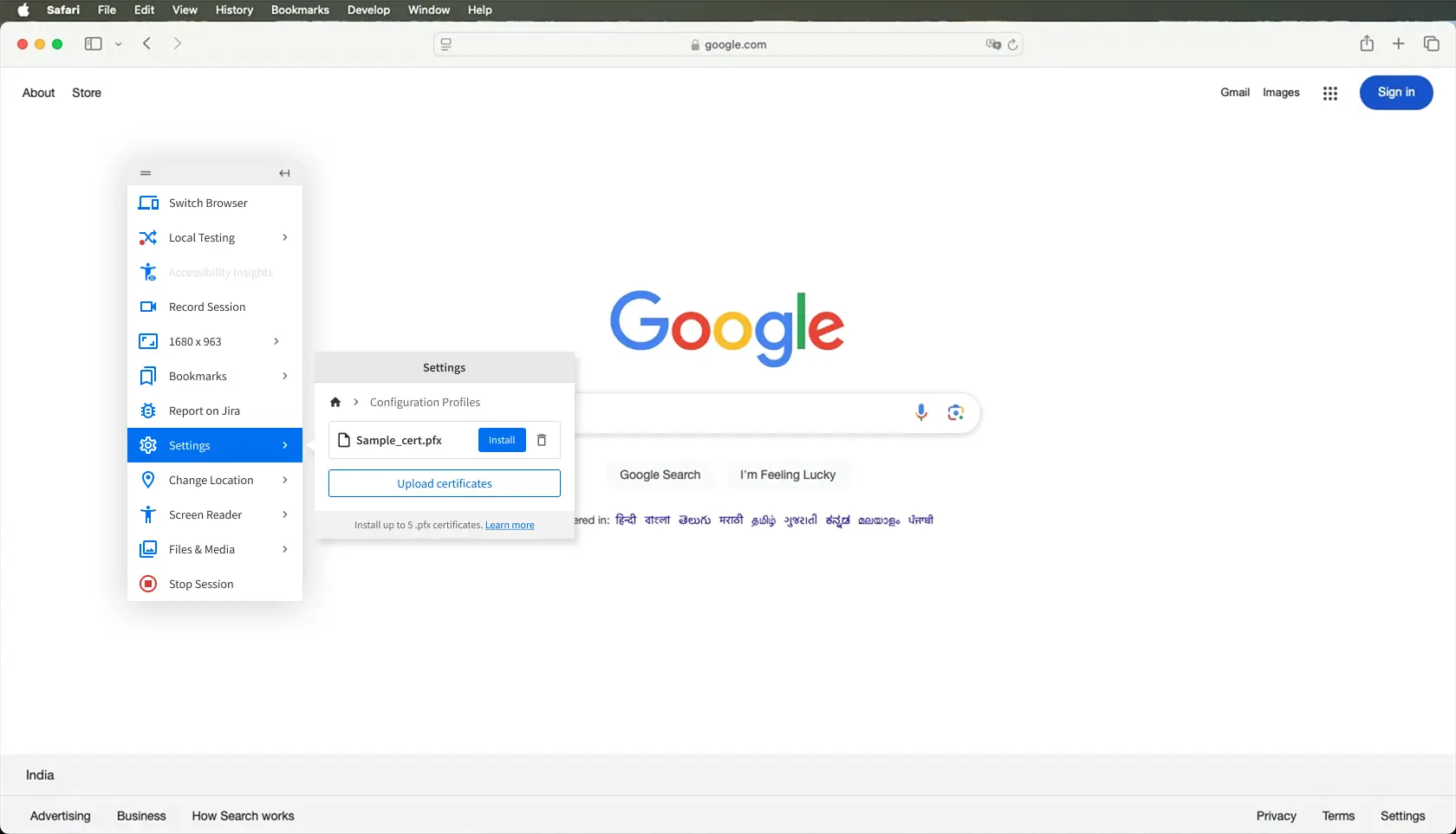 The Configuration profiles prompt with the uploaded certificate listed.