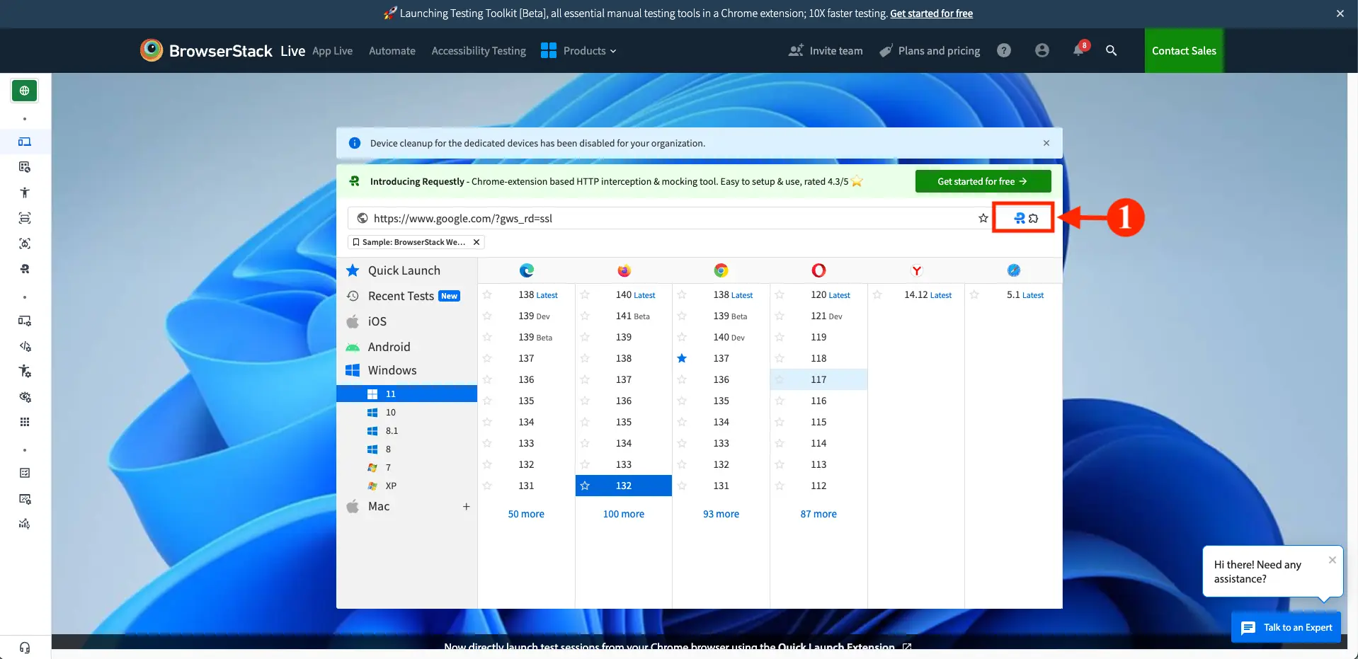 The Extensions button on BrowserStack Live dashboard highlighted by a red box and an annotation.
