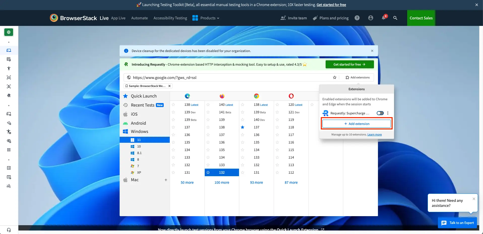 The Extensions window in BrowserStack Live with the Requestly extension added by default.