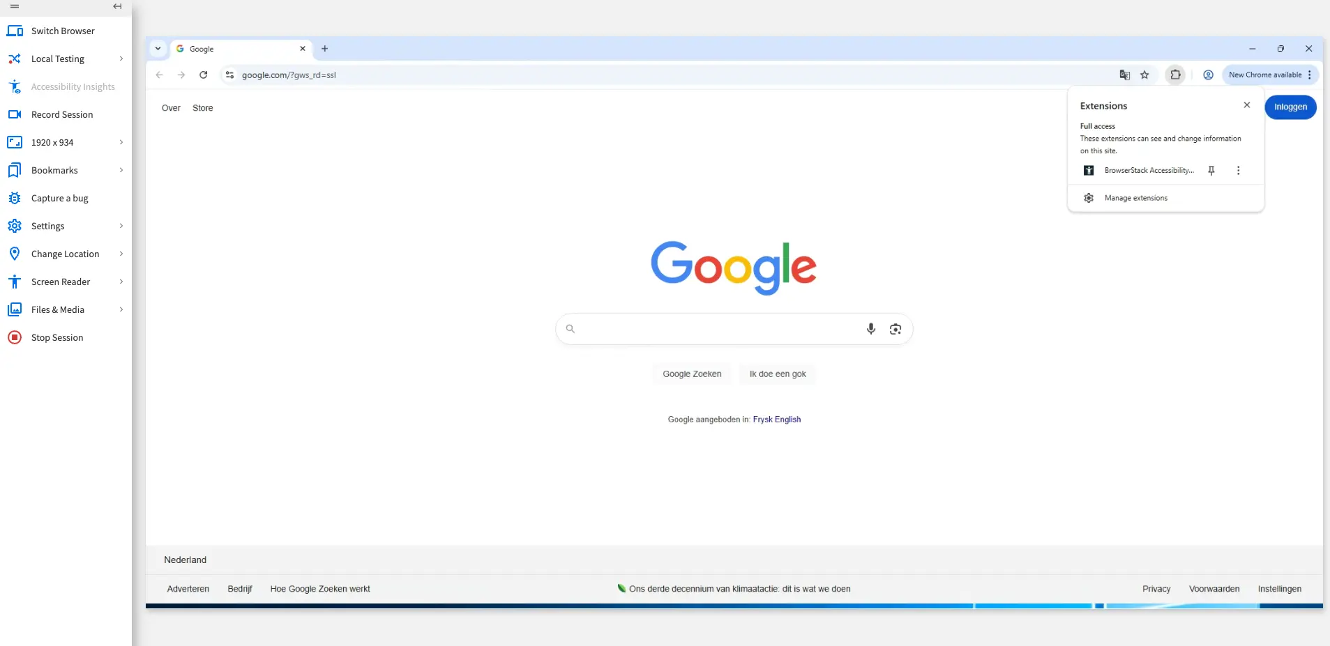An active BrowserStack Live test session with the extension available in the browser.