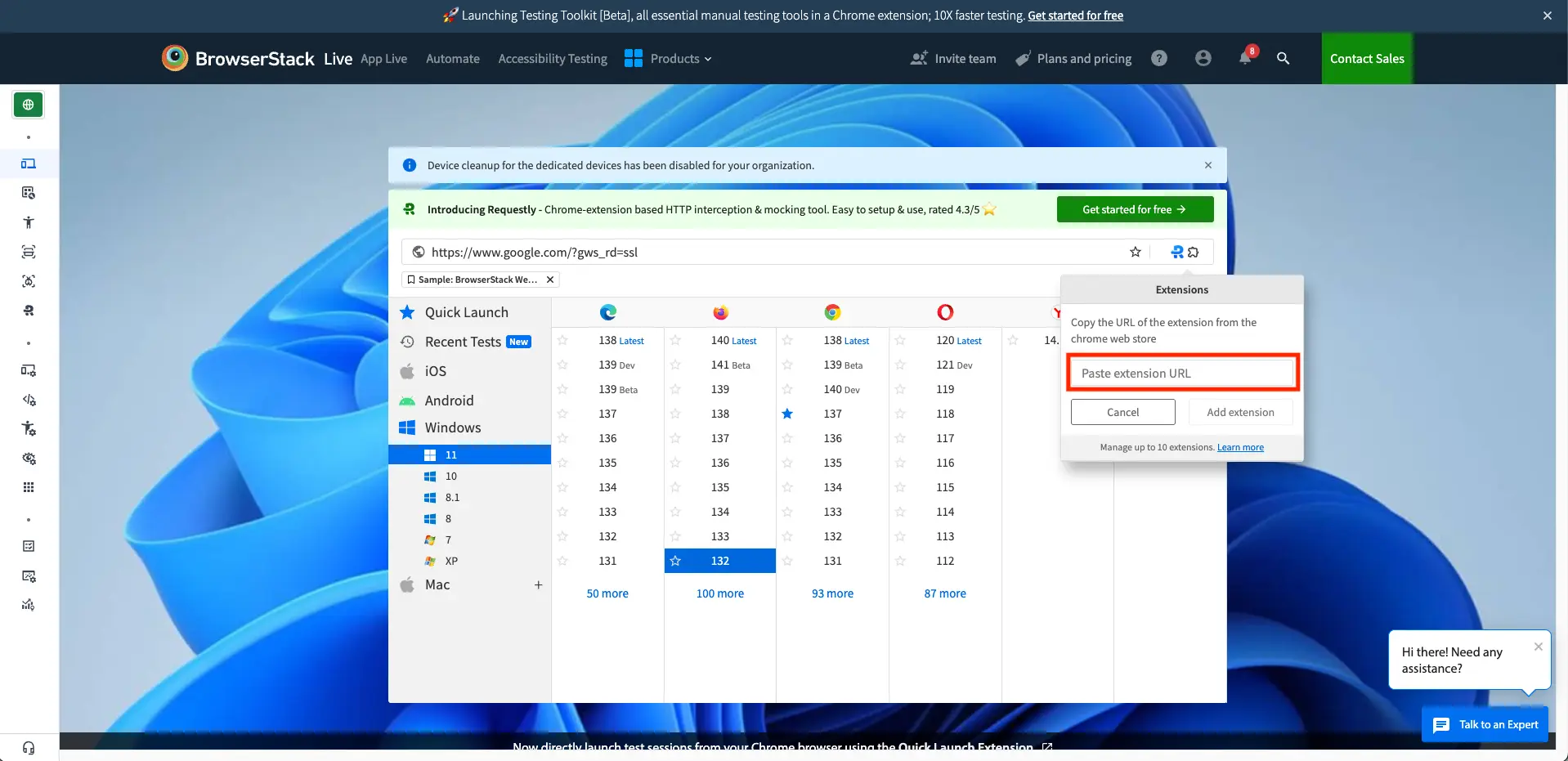 The Paste extension URL field in the Extensions window highlighted by a red box.