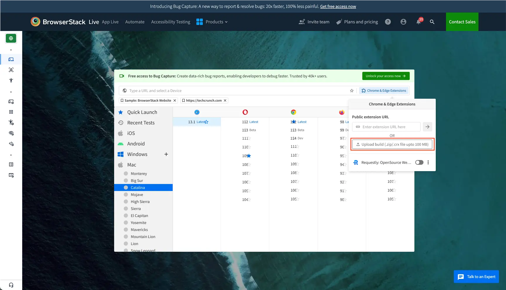 The Upload build button in the Chrome & Edge Extensions window highlighted by a red box.