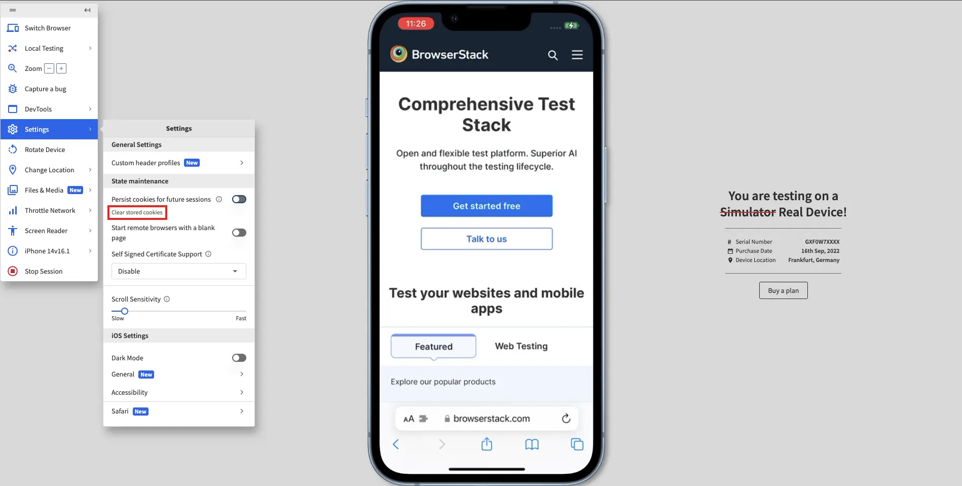 The settings prompt in a BrowserStack Live test session with the Clear cookies option highlighted.