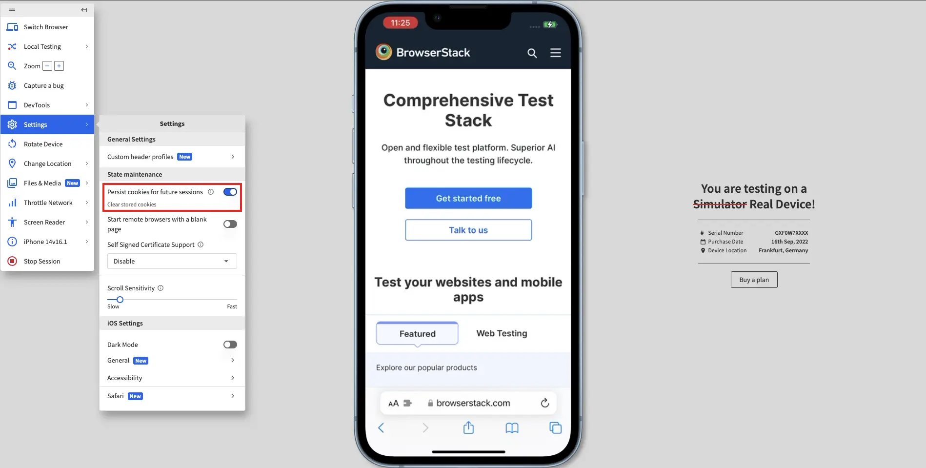 The settings prompt in a BrowserStack Live test session with the Persist cookies option highlighted.