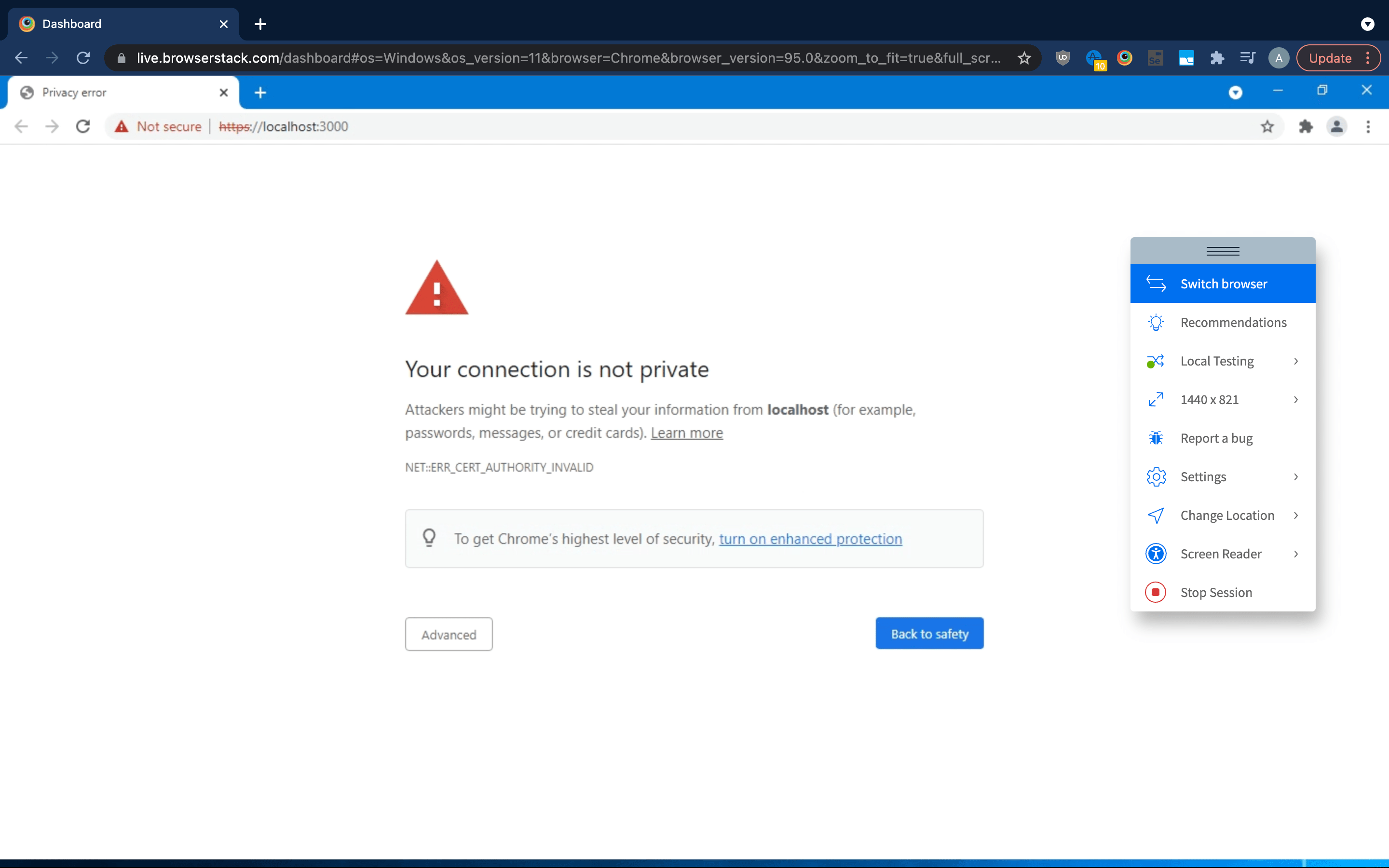 Warning page when Self-Signed Certificate is not enabled