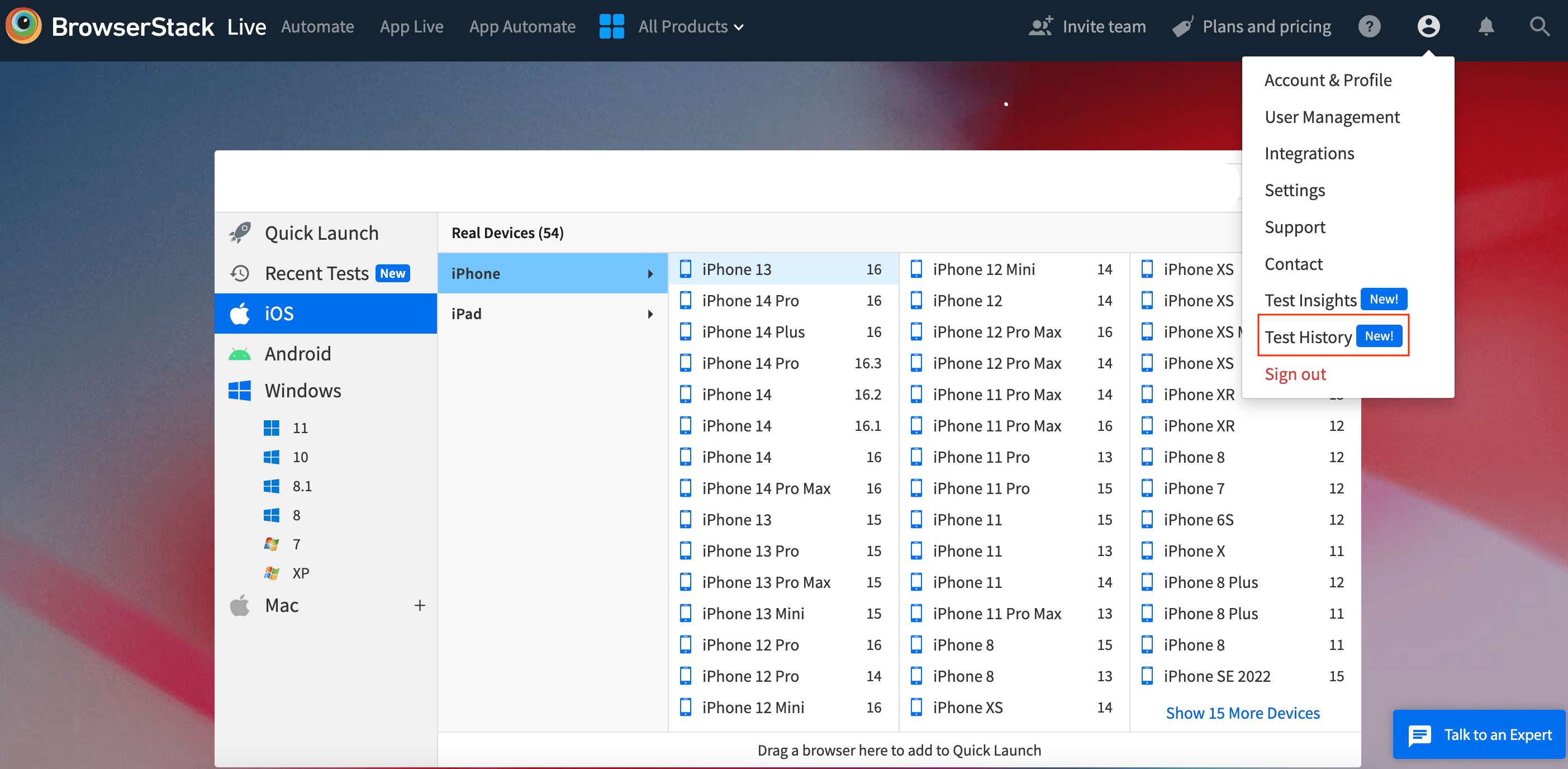 View session history from user menu