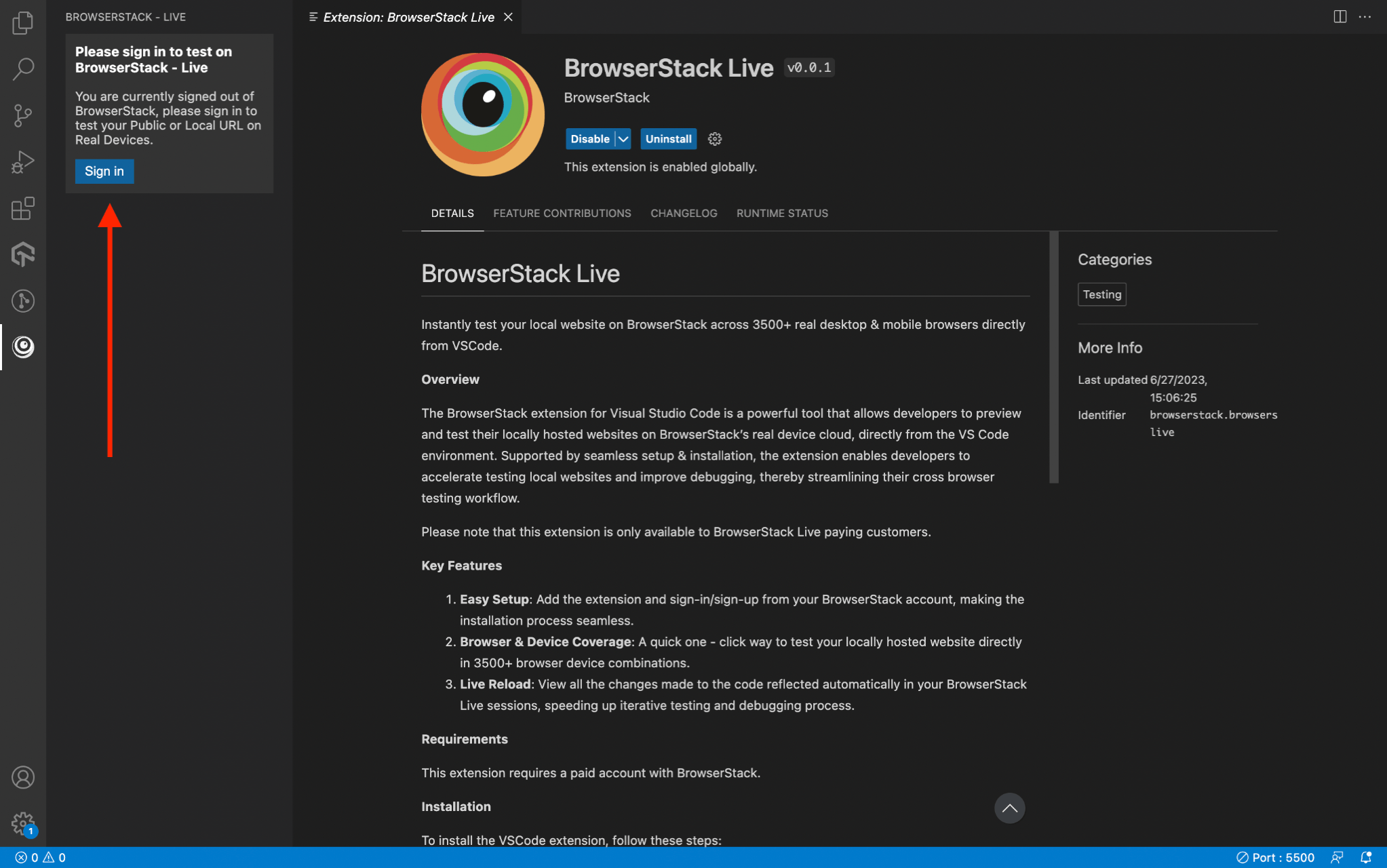 Sign-in to BrowserStack from Visual Studio Code