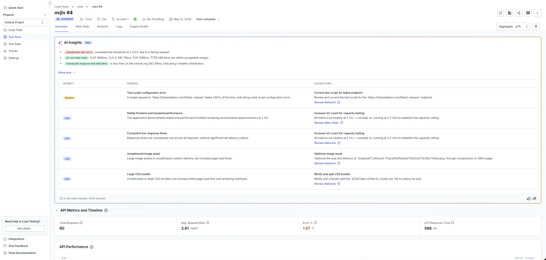 The expanded AI Insights view listing findings by severity, each with a description and a suggested action.