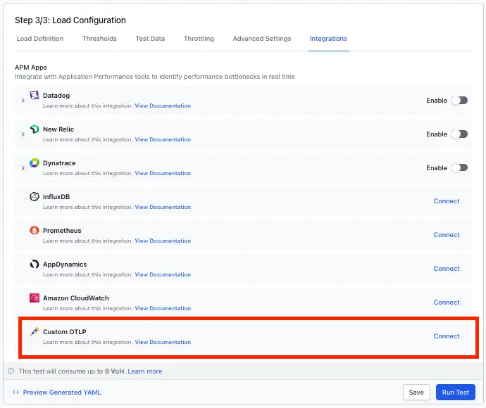 OTel tile in the Integrations page with a Connect button