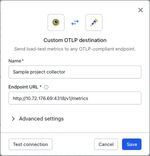 OTel Connect form showing Name, Endpoint, Protocol, and Temporality fields filled in