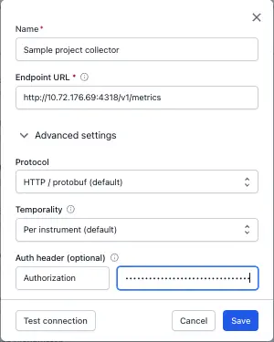 OTel Connect form with the Auth header section expanded showing header key and value fields