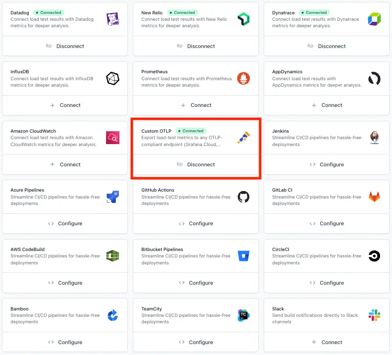 OTel tile in the Integrations page showing a green Connected badge after a successful save