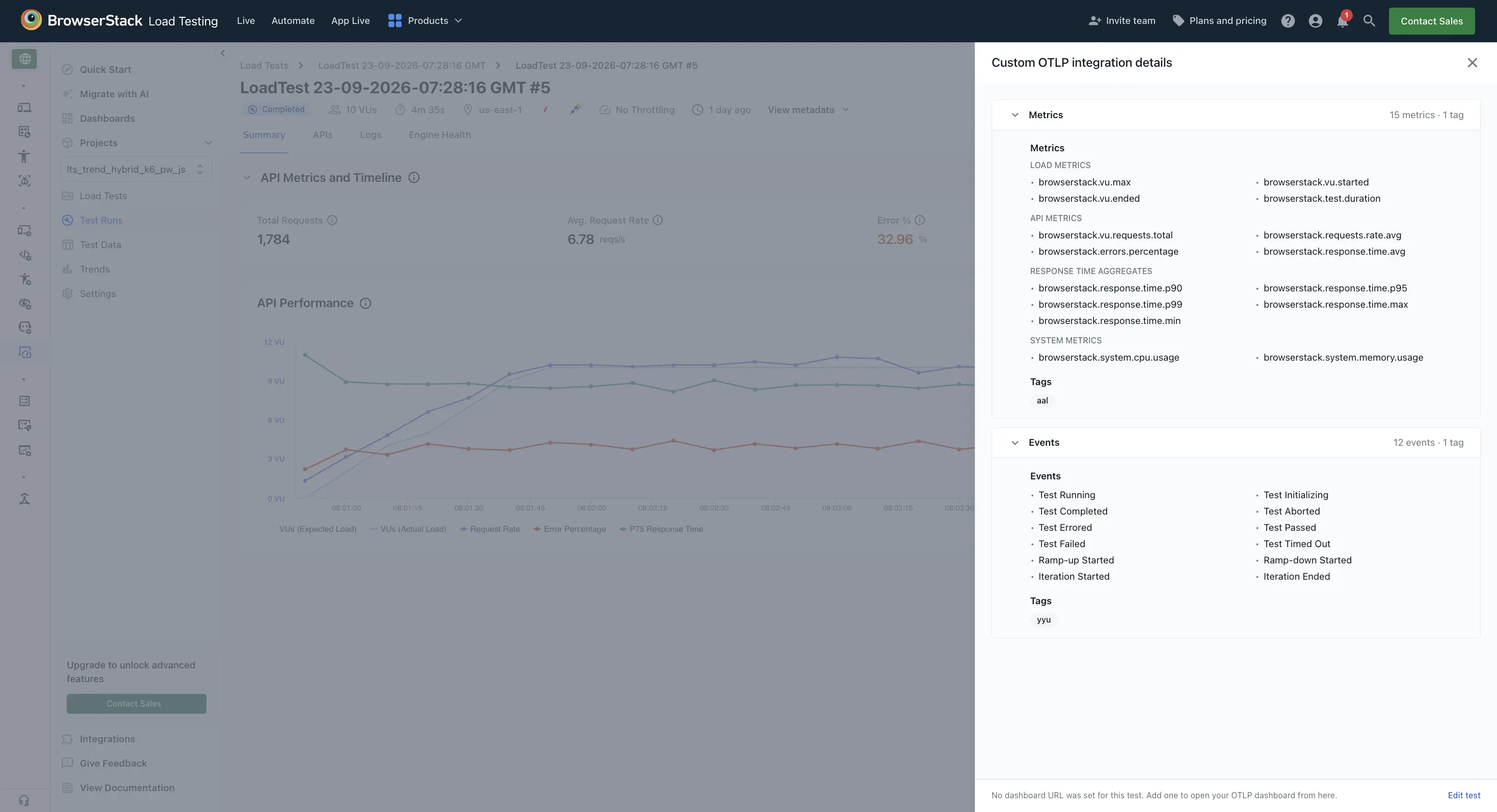 BrowserStack test run detail page with APM Tools panel open showing an OTel card for the configured collector