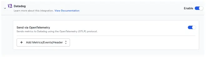 Datadog tile in the Integrations panel showing the Send via OpenTelemetry toggle enabled