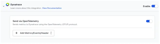 Dynatrace tile in the Integrations panel showing Platform Token and Classic API Token fields with the Send via OpenTelemetry toggle enabled