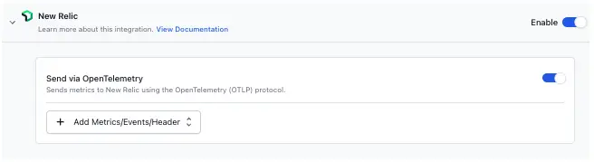 New Relic tile in the Integrations panel showing the Send via OpenTelemetry toggle enabled
