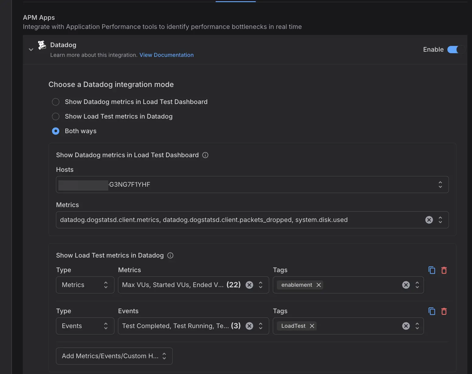 The Datadog integration panel with Both ways selected, showing the Hosts dropdown and the Metrics multi-select.