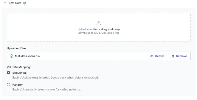 Screenshot of load testing dashboard showing vu data mapping