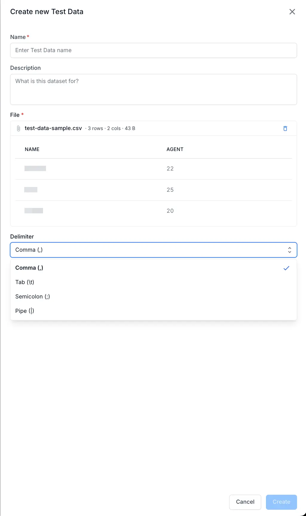 The Create new Test Data dialog showing an uploaded CSV preview and the Delimiter options.