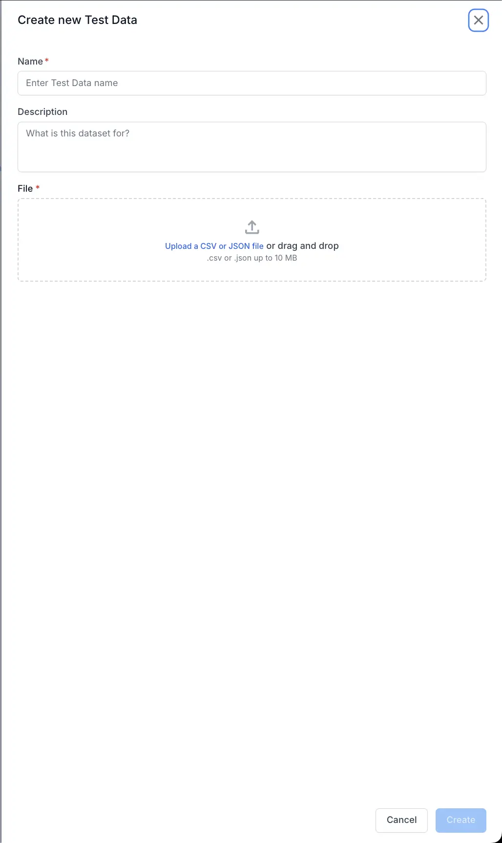 The Create new Test Data dialog with empty Name and Description fields and a file upload area.