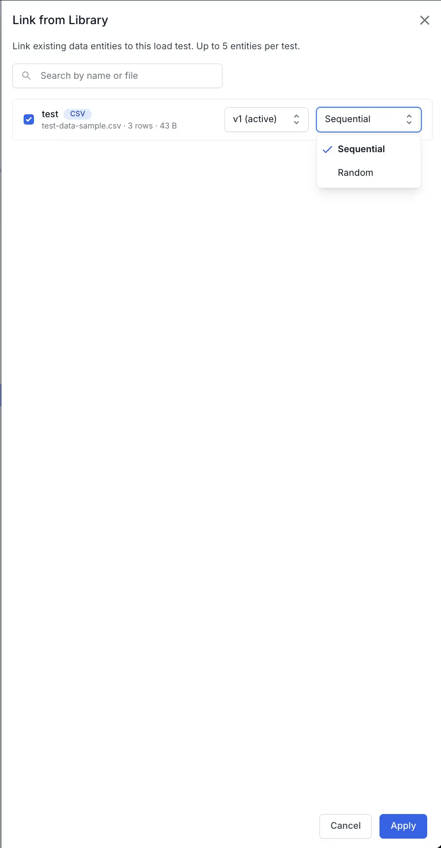 The Link from Library dialog with a selected file, its version, and the Sequential or Random VU mapping options.