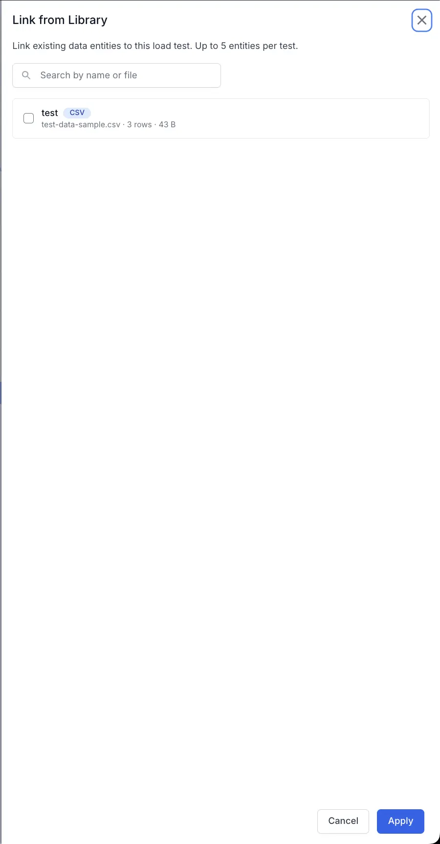 The Link from Library dialog listing an existing Test Data file available to select.