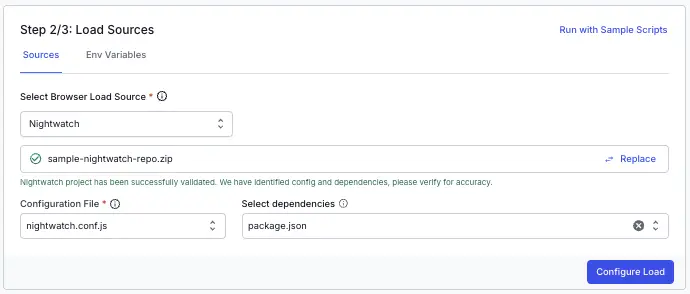 Dashboard showing successful validation of a Nightwatch project ZIP with config and dependencies