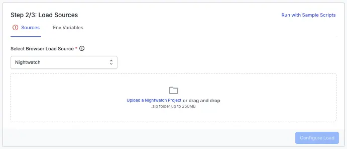 Screenshot of load testing dashboard asking to add scripts for load testing
