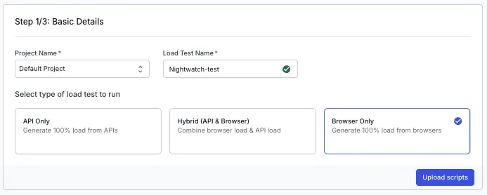 Dashboard showing test name field and type of load test to run