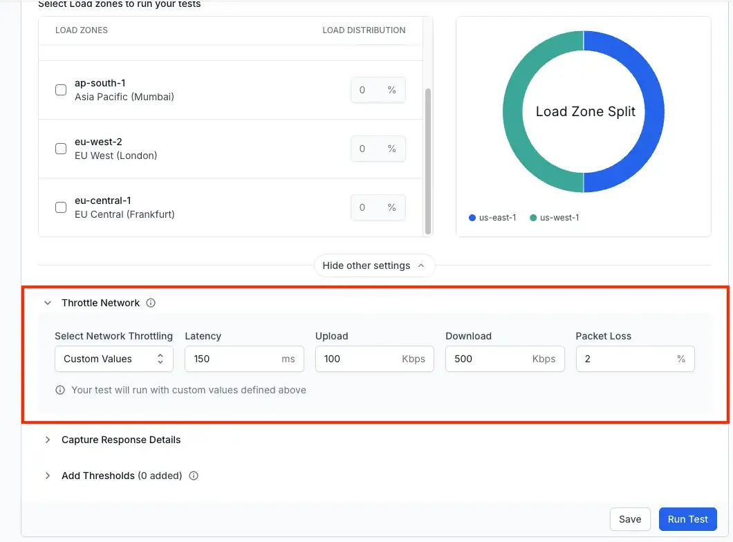 Load testing dashboard showing the Throttle Network section with custom network configuration fields for Latency, Upload, Download, and Packet Loss