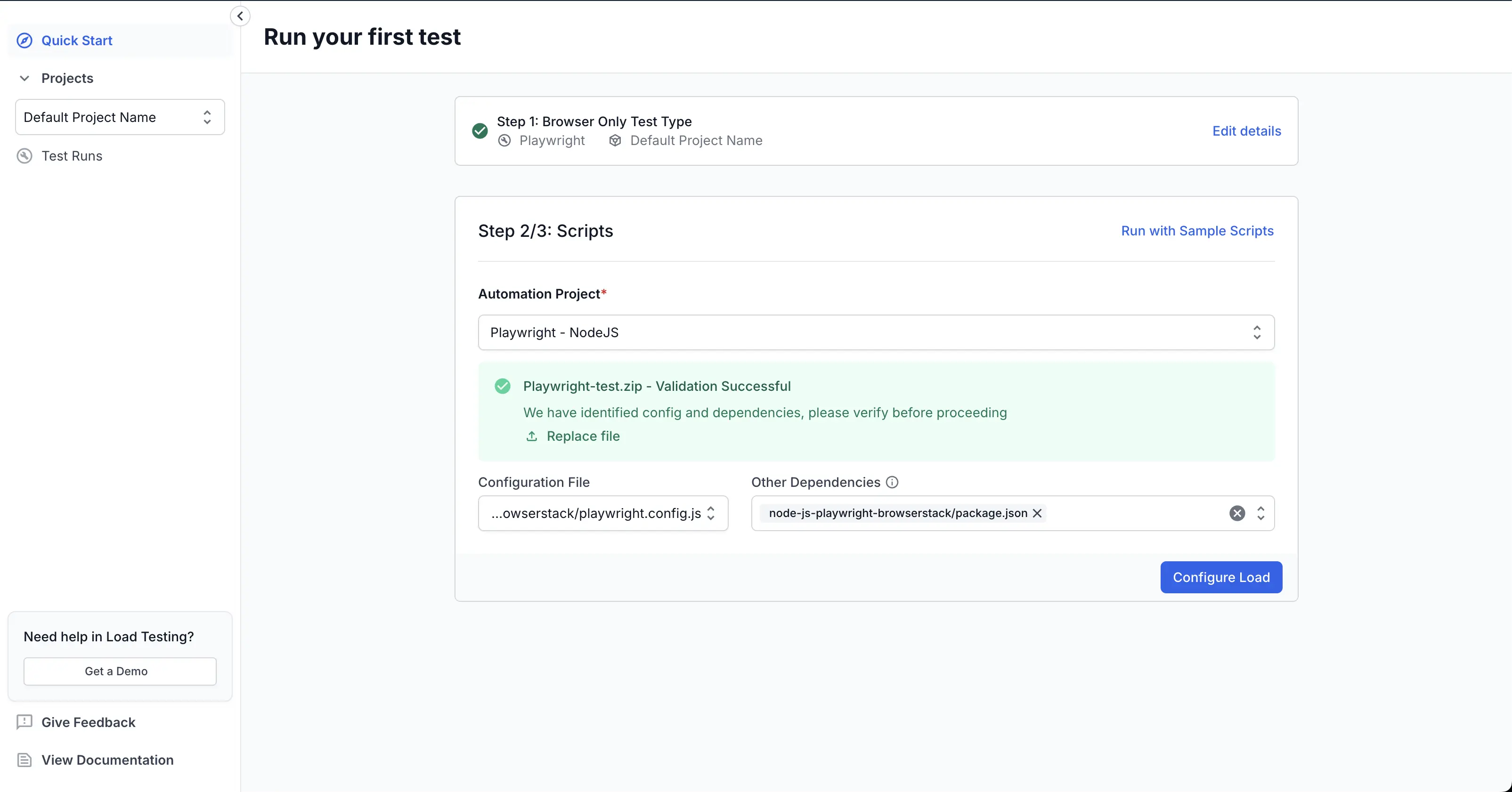 Dashboard showing successful validation of a Playwright project ZIP with config and dependencies