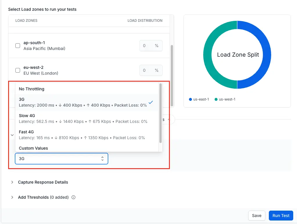 Load testing dashboard showing the Throttle Network section with predefined network profile options for 3G, Slow 4G, and Fast 4G