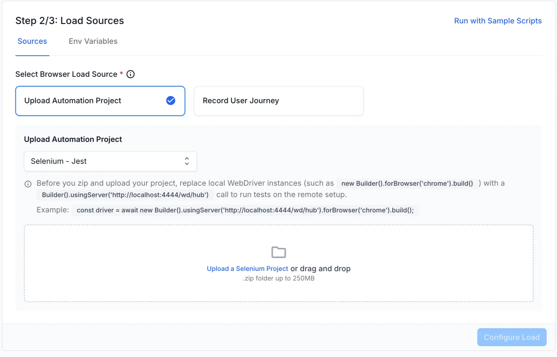 Load Sources step with Upload Automation Project selected and Selenium - Jest chosen in the framework dropdown, ready to upload a ZIP project.