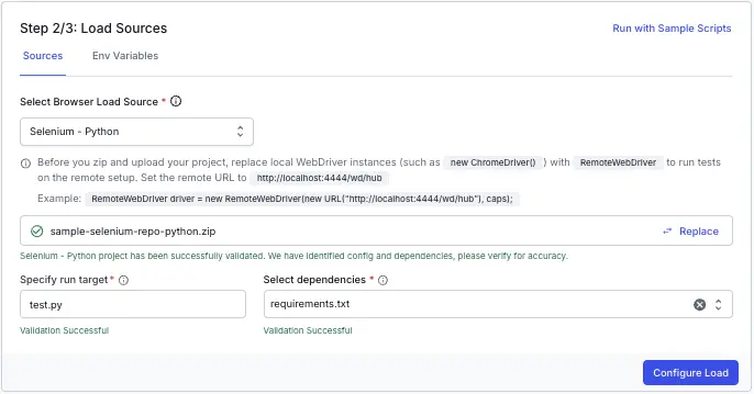 Dashboard showing successful validation of a Selenium project ZIP with config and dependencies