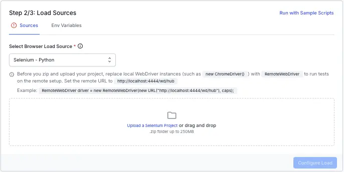 Screenshot of load testing dashboard asking to add scripts for load testing