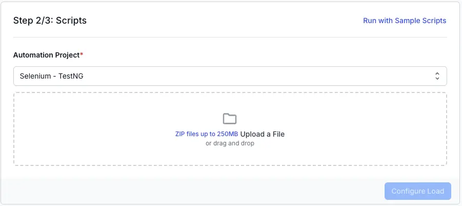 Screenshot of load testing dashboard asking to add scripts for load testing