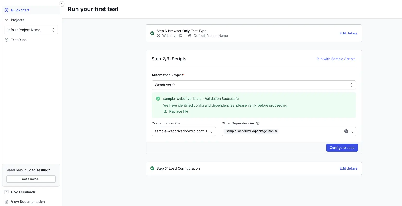 Dashboard showing successful validation of a WebdriverIO project ZIP with config and dependencies