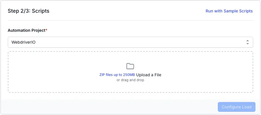 Screenshot of load testing dashboard asking to add scripts for load testing