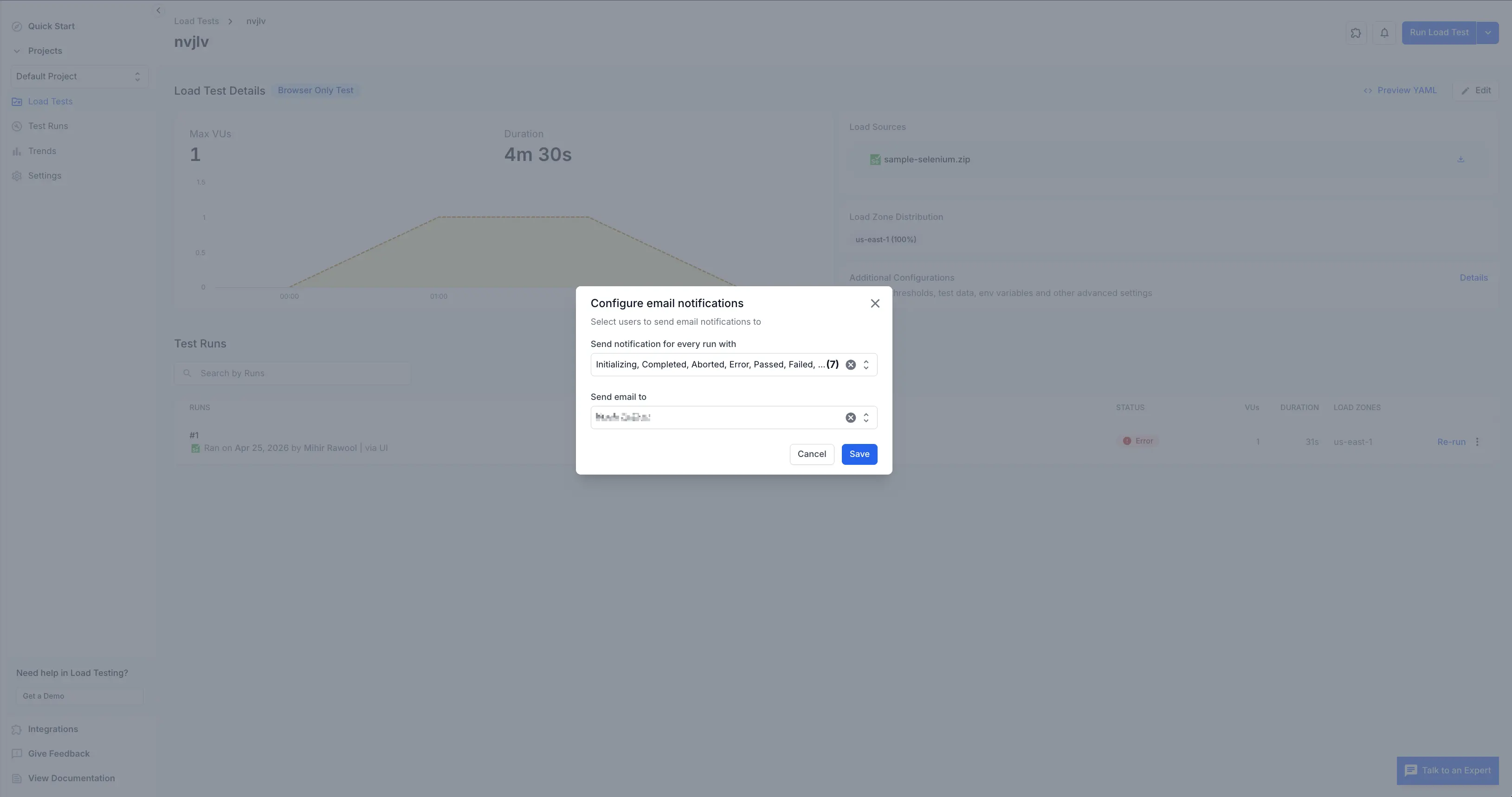 Configure email notifications dialog