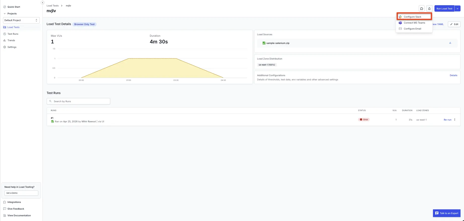 Configure Slack option in dropdown menu