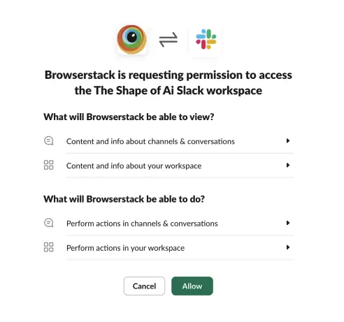 Slack permission request dialog