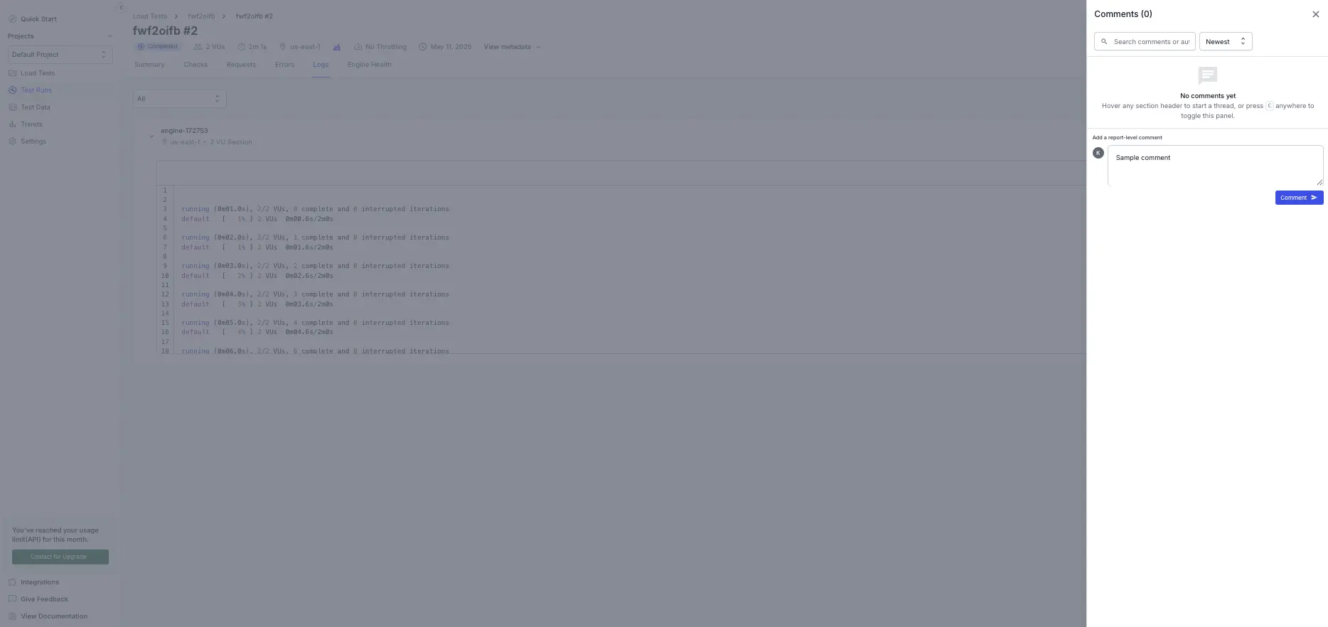 The Comments panel open beside a load test report