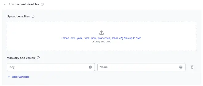 Screenshot of load testing dashboard asking to upload env variable files and add values