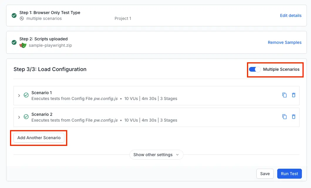 Screenshot of multiple scenarios configuration in BrowserStack Playwright load testing UI