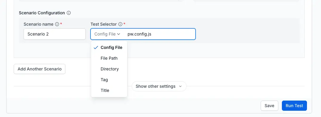 Screenshot of scenario configuration in BrowserStack Playwright load testing UI