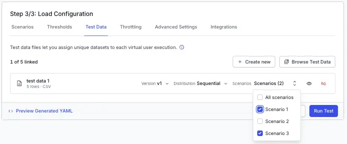 A linked test data file with the Scenarios selector open to assign it to specific scenarios